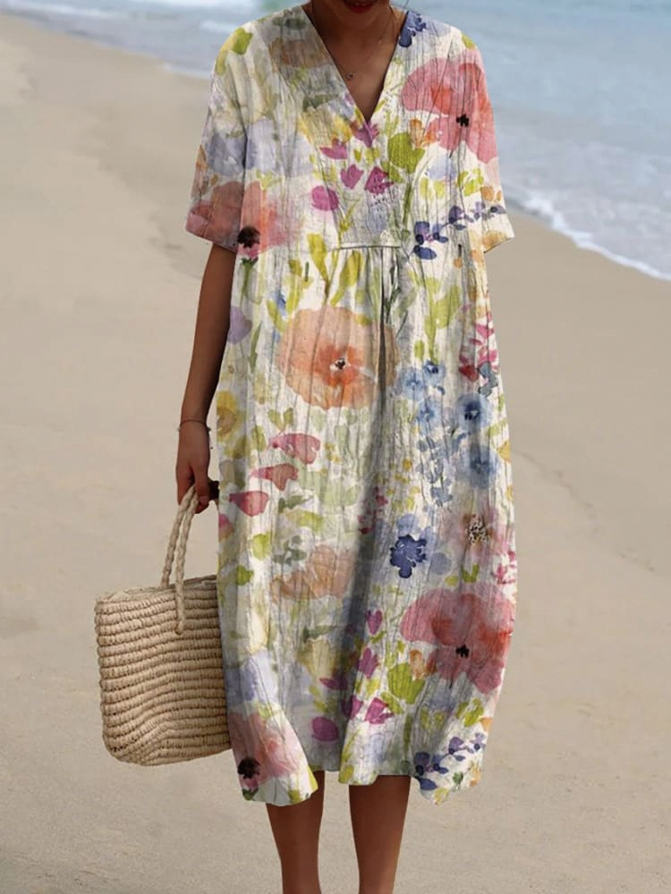 Women's Vintage Floral Watercolor Art Print Casual Flowy Dress