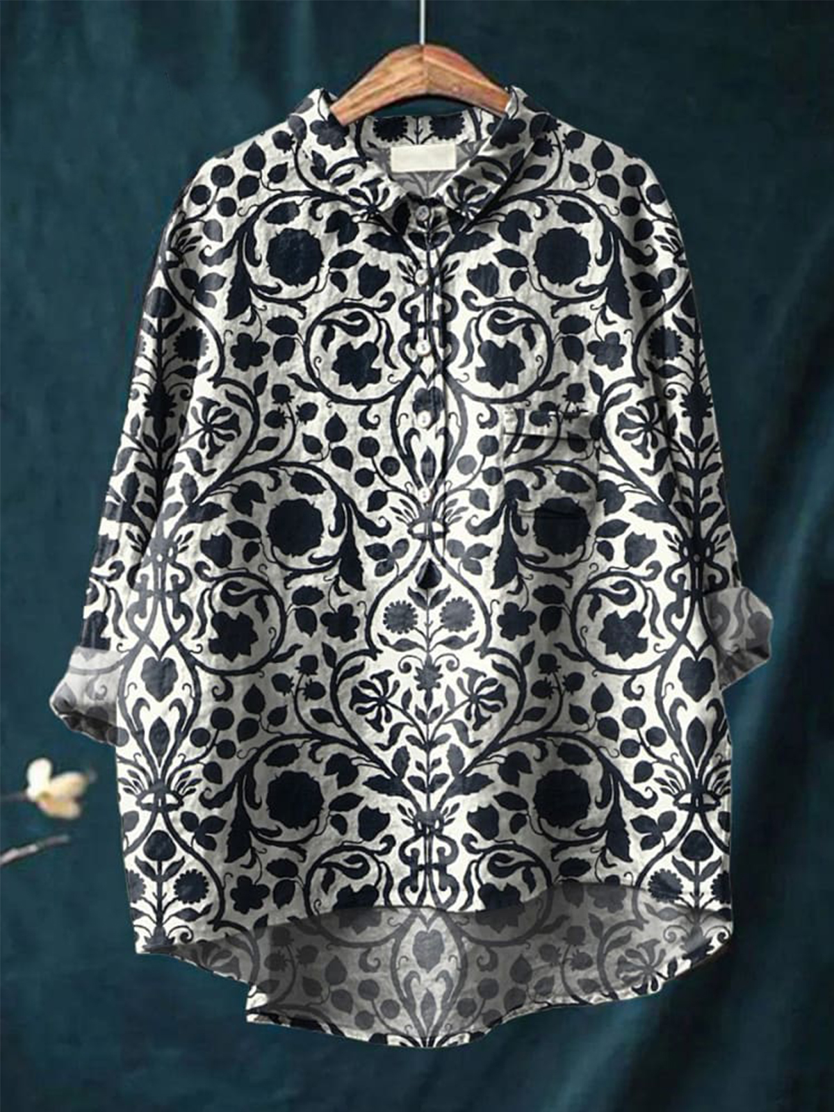 Vintage Style Symmetrical Floral Pattern Printed Women's Casual Cotton And Linen Shirt