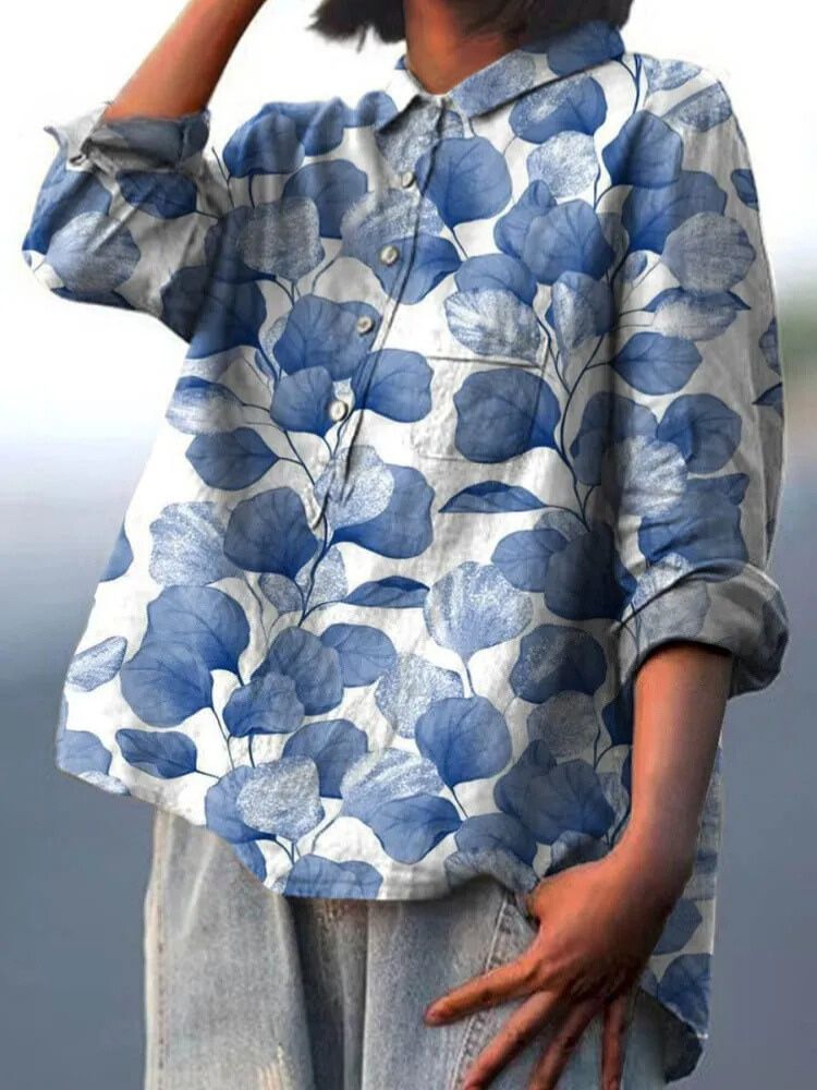 Women's Vintage Floral Art Print Casual Cotton And Linen Shirt