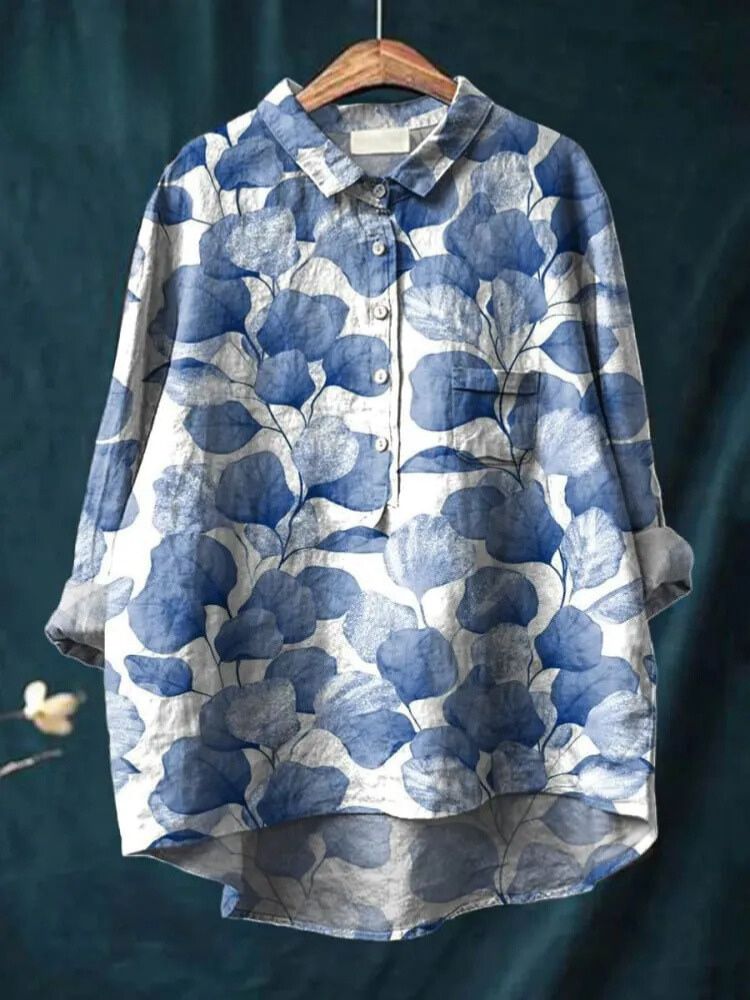 Women's Vintage Floral Art Print Casual Cotton And Linen Shirt