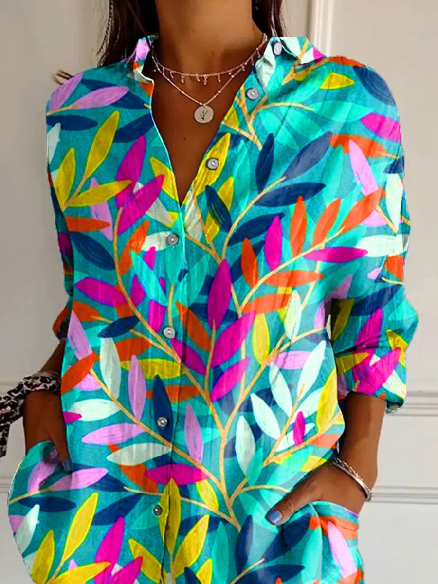 Women's Leave Print Casual Cotton Shirt