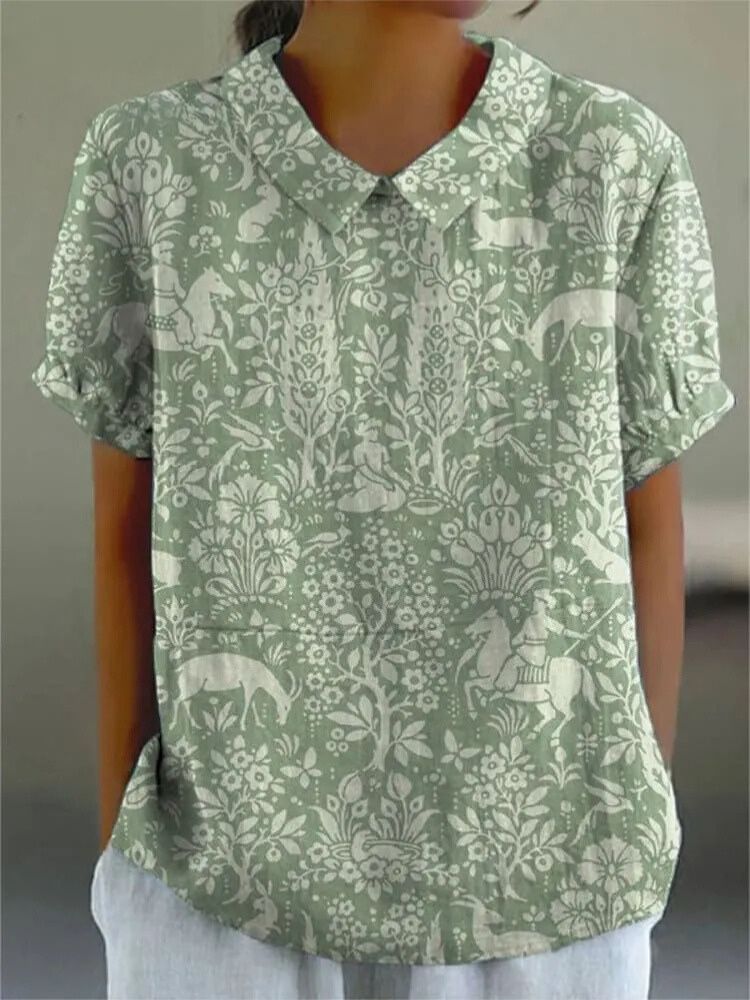 Women's Vintage Floral Animals Art Print Casual Cotton And Linen Shirt