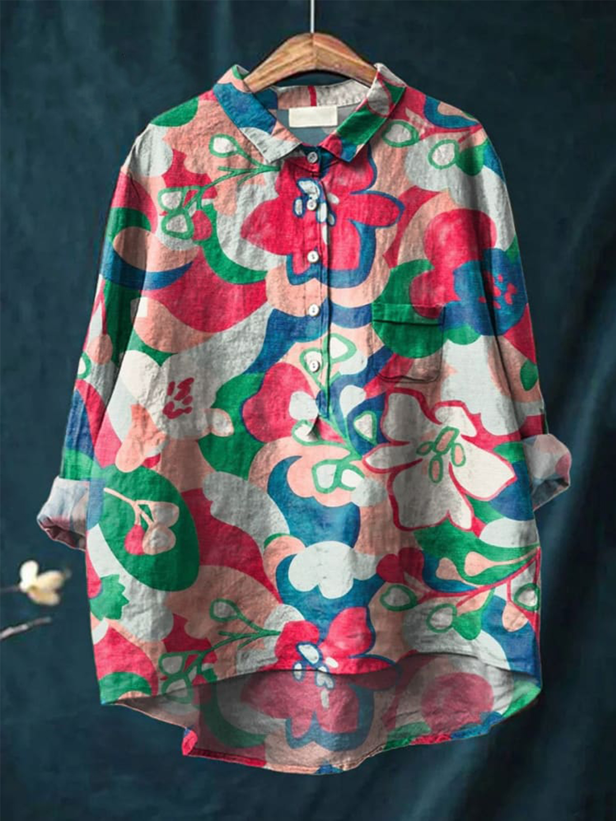 Vintage Lovely Floral Art Print Casual Cotton And Linen Shirt