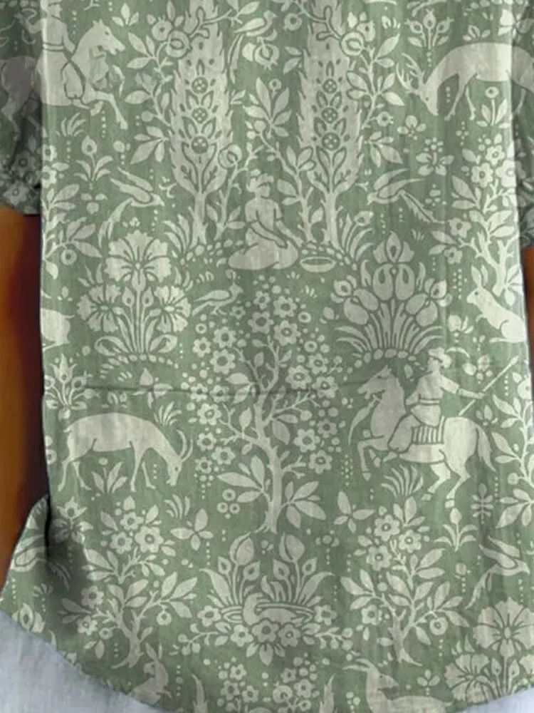 Women's Vintage Floral Animals Art Print Casual Cotton And Linen Shirt