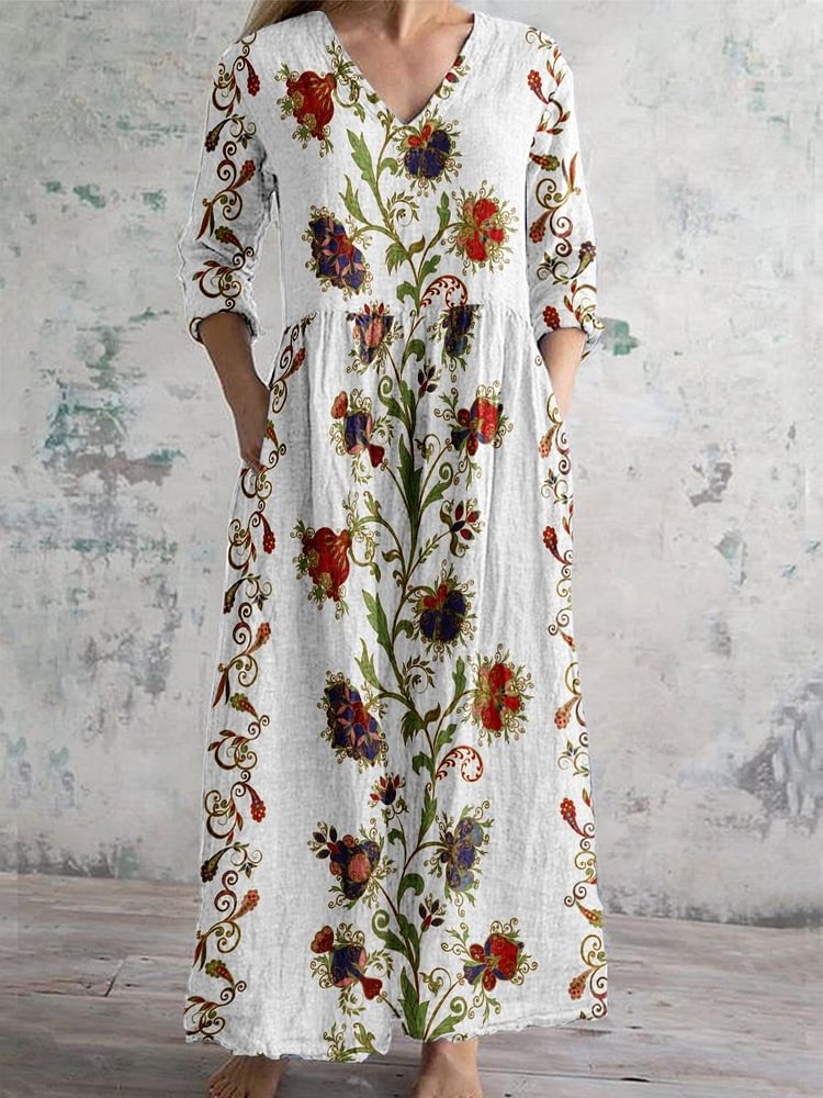 Women's Elegant Rose Floral Pattern V-Neck Cotton and Linen Dress with Pockets