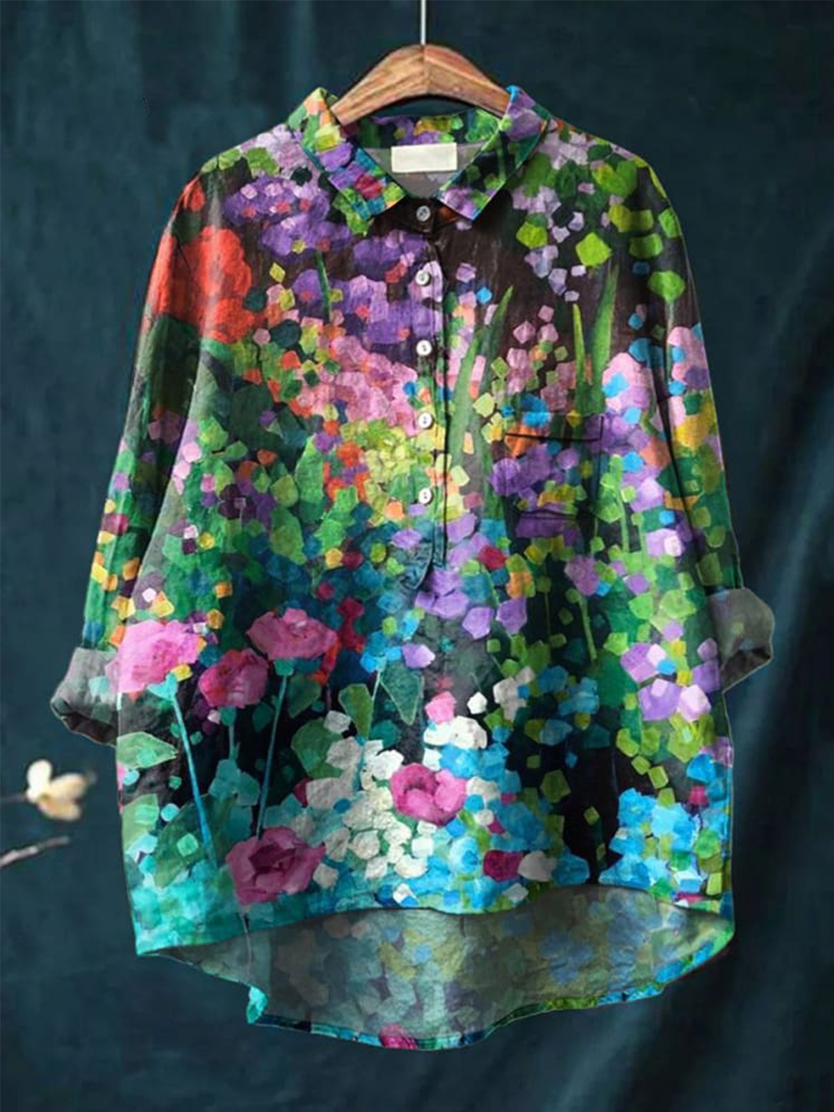 Vintage Lovely Floral Art Print Casual Cotton And Linen Shirt