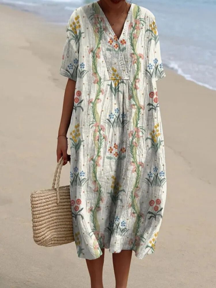 Women's Vintage Floral Art Print Flowy Dress