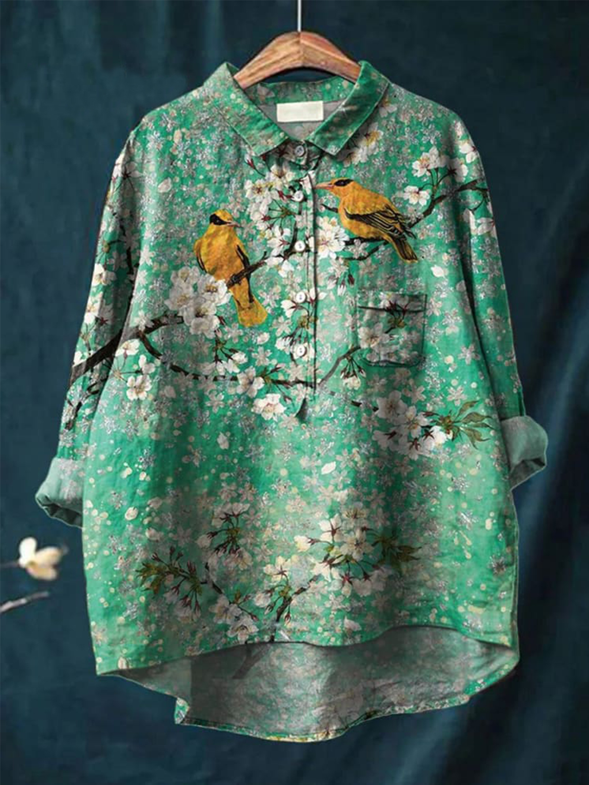 Vintage Lovely Birds Floral Art Print Casual Cotton And Linen Shirt
