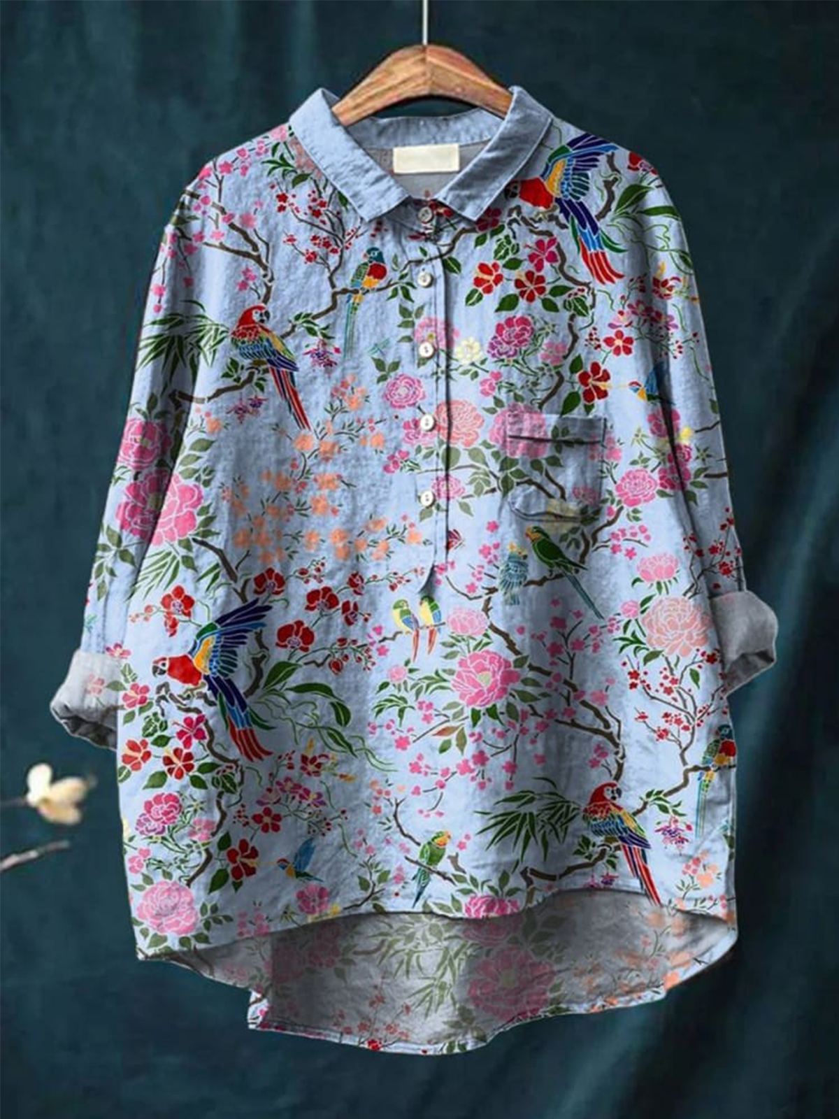 Vintage Lovely Birds Floral Art Print Casual Cotton And Linen Shirt