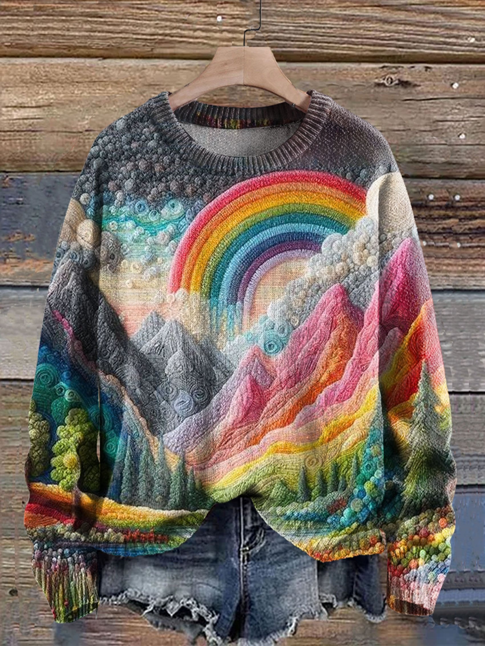 Women's Rainbow Landscape Pattern Print Knit Pullover Sweater