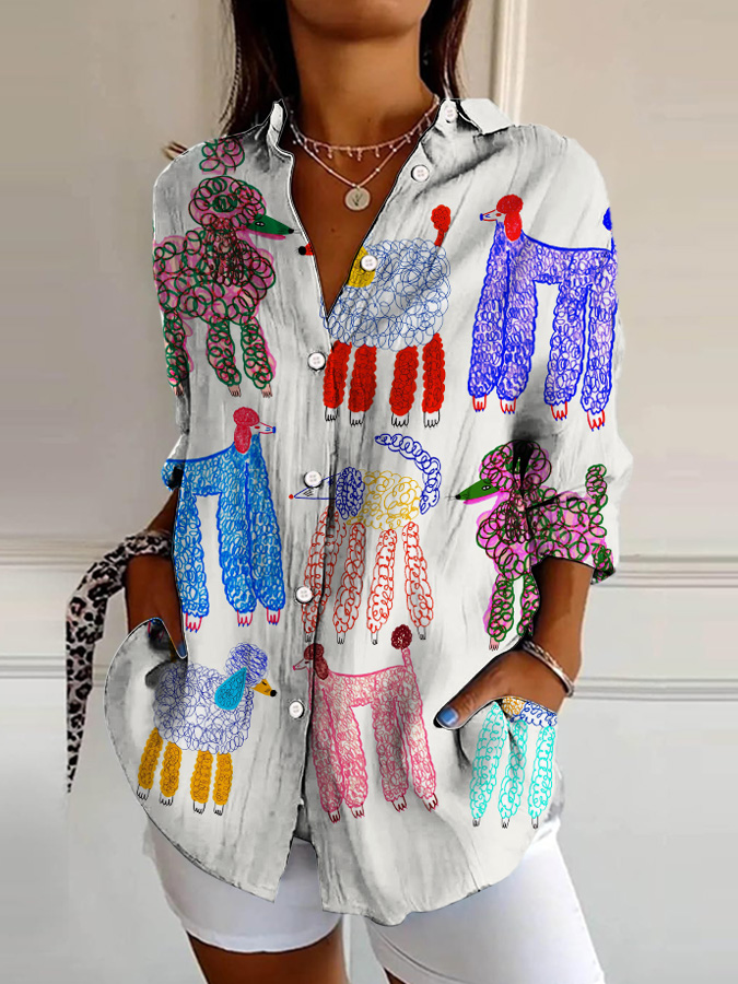 Women's Fun Colorful Cartoon Dog Print Lapel Shirt