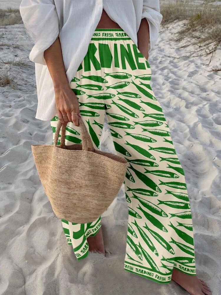 Retro Vacation Green Fish Print Pants