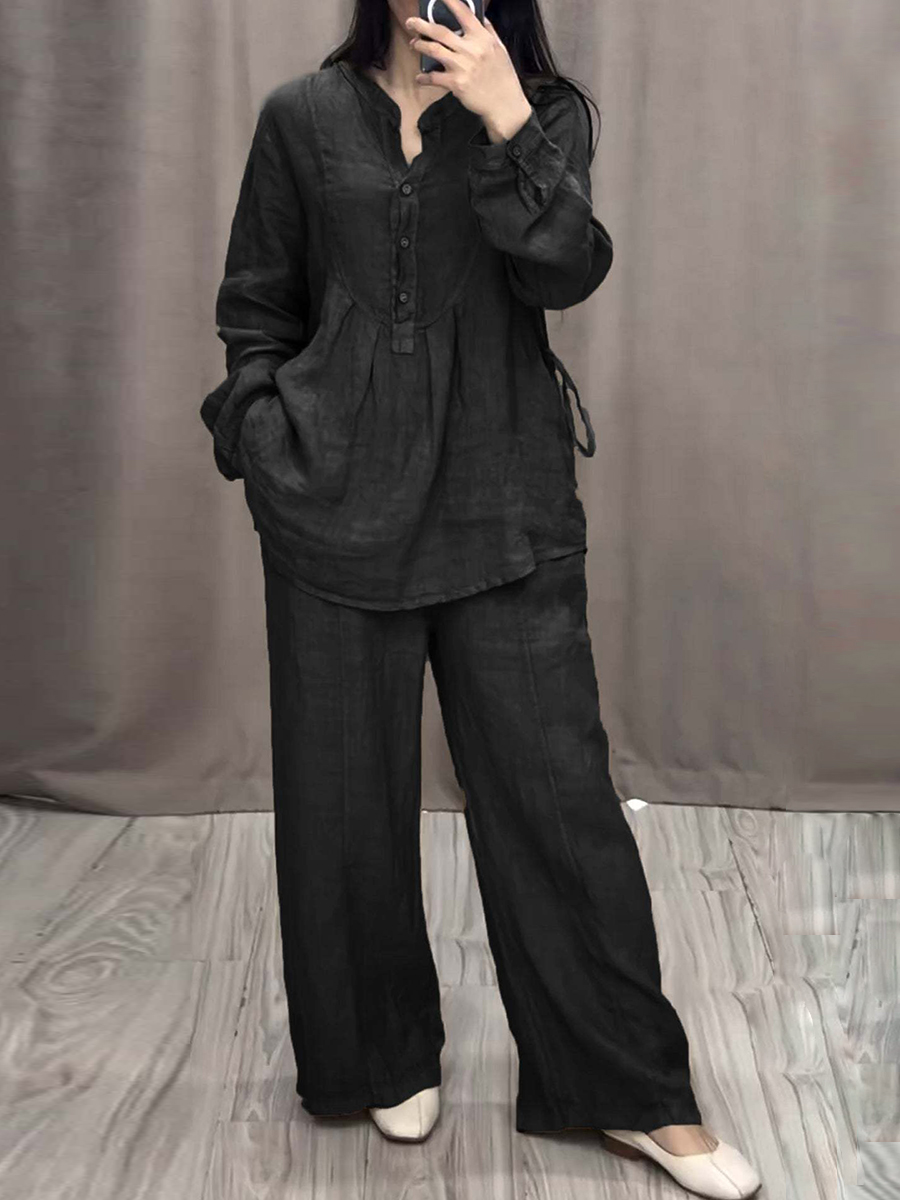 Women Cotton and Linen V-neck Two-piece Suit