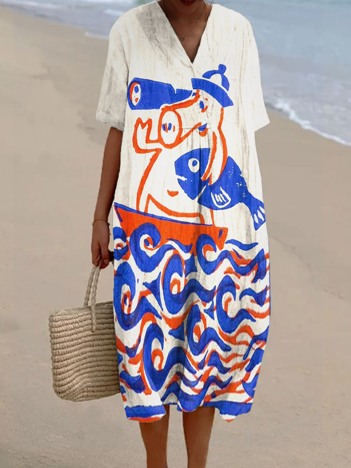 Women's Vintage Fish Art Print Casual Cotton And Linen Dress