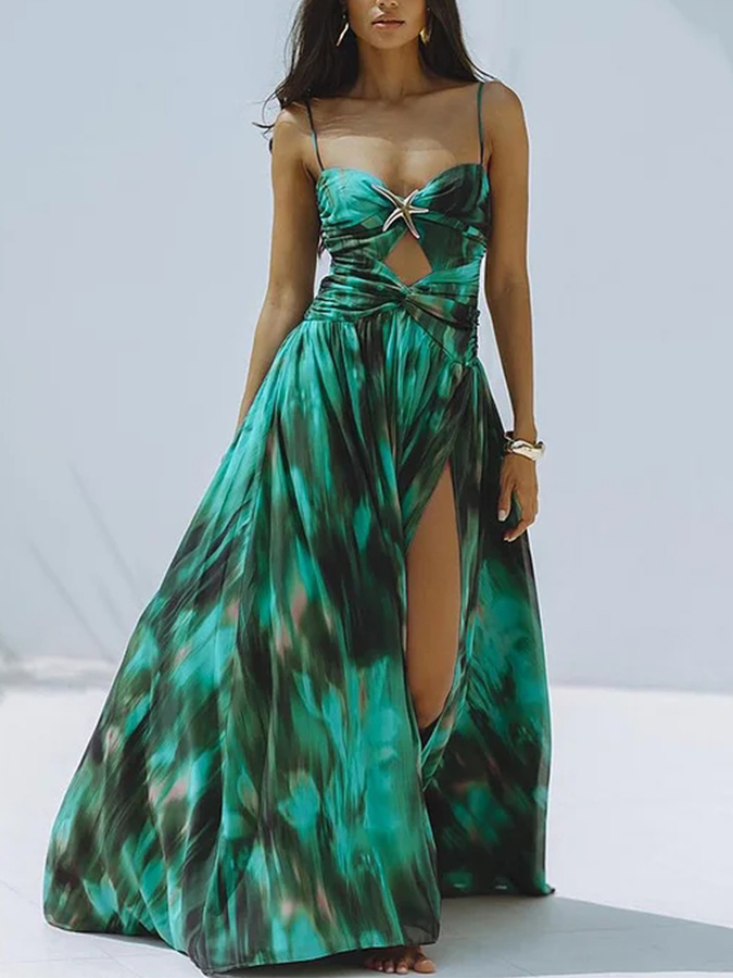 Green Printed Folds One Piece Swimsuit and Skirt