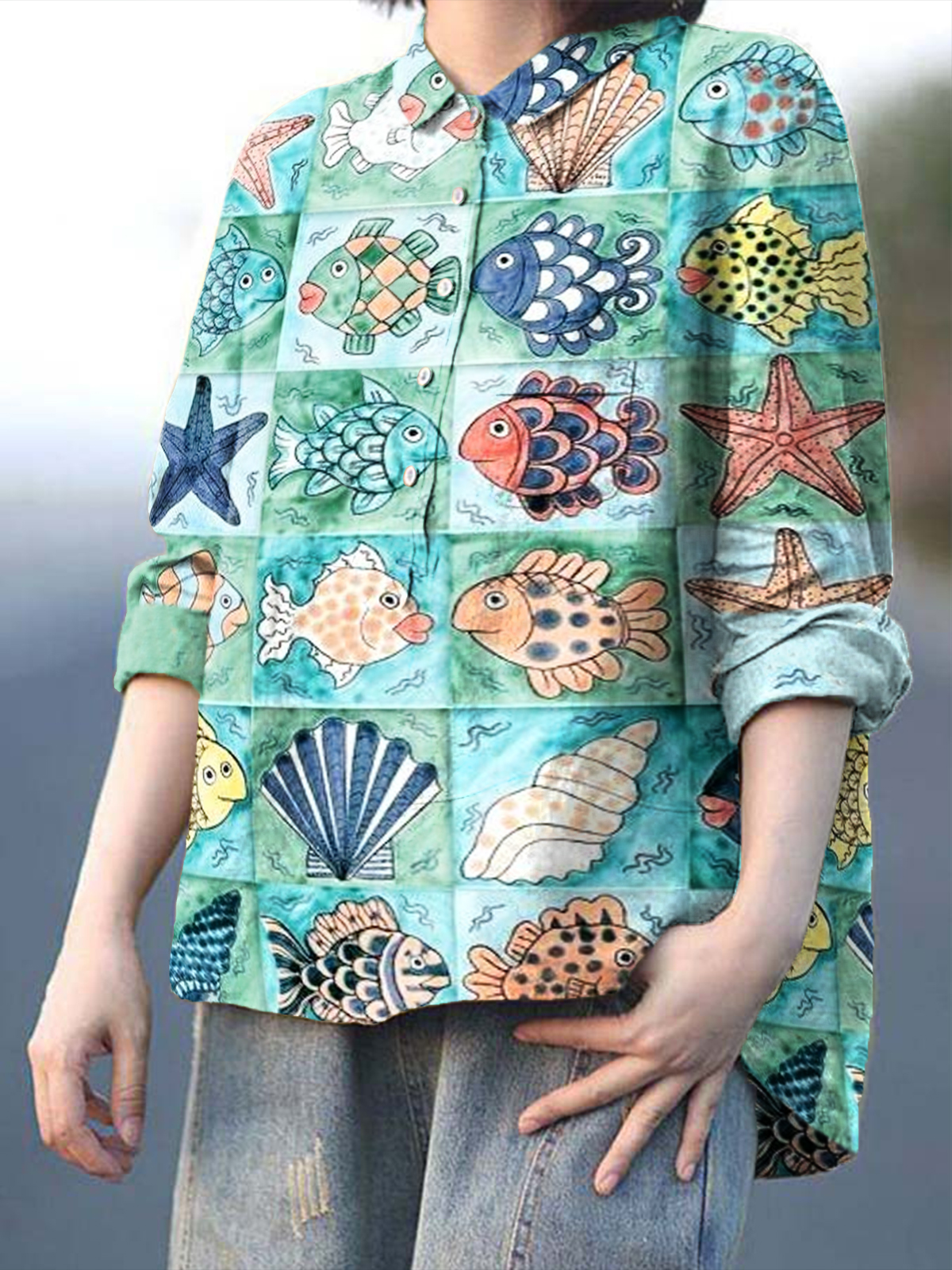 Women's Colorful Fish Print Casual Cotton And Linen Shirt