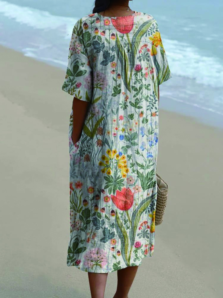 Women's Vintage Lovely Floral Art Print Casual Flowy Dress