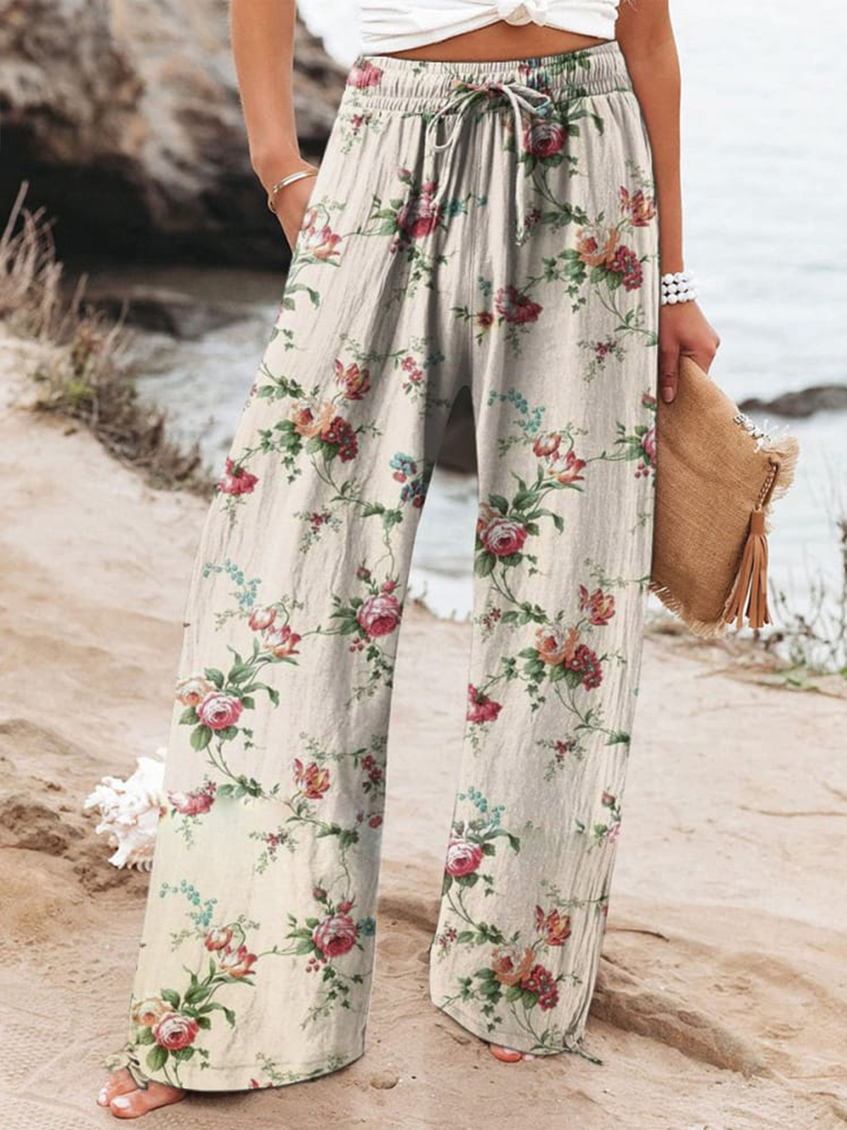 Women's  Floral  Art Printed Cotton And Linen Casual Pants
