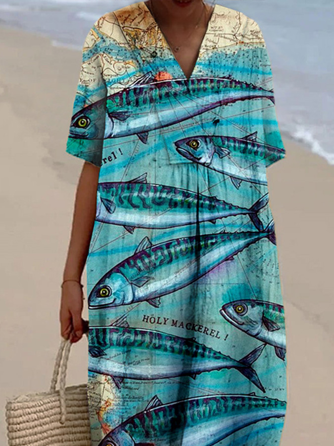 Women's Map Ocean Fish Print Casual Cotton And Linen Dress