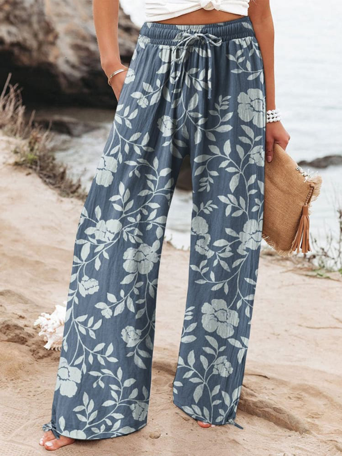 Women's  Floral  Art Printed Cotton And Linen Casual Pants