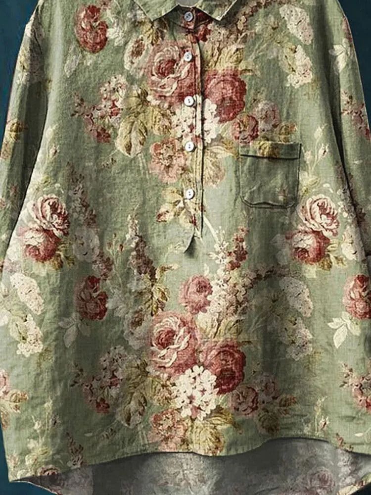 Women's Vintage Floral Art Print Casual Cotton And Linen Shirt