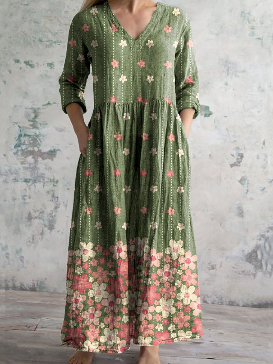 Women's V-neck Elegant Floral Pattern Cotton Dress