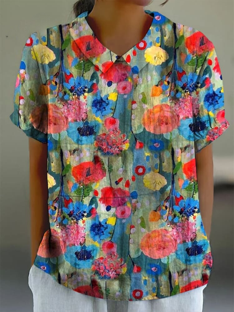 Women's Art Oil Painting Print Doll Collar Casual Shirt