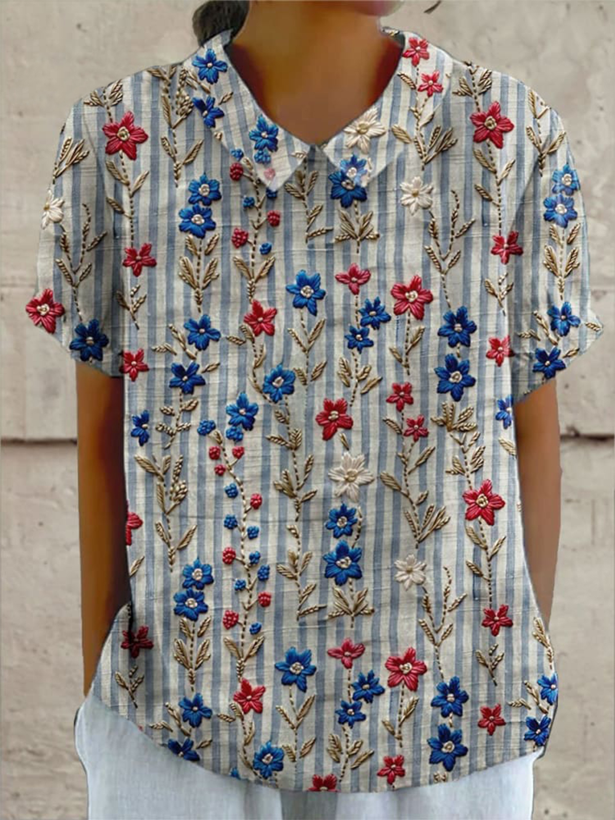 Women's 4th July Independence Day Red White and Blue Patriotic Floral Print Casual Cotton And Linen Shirt