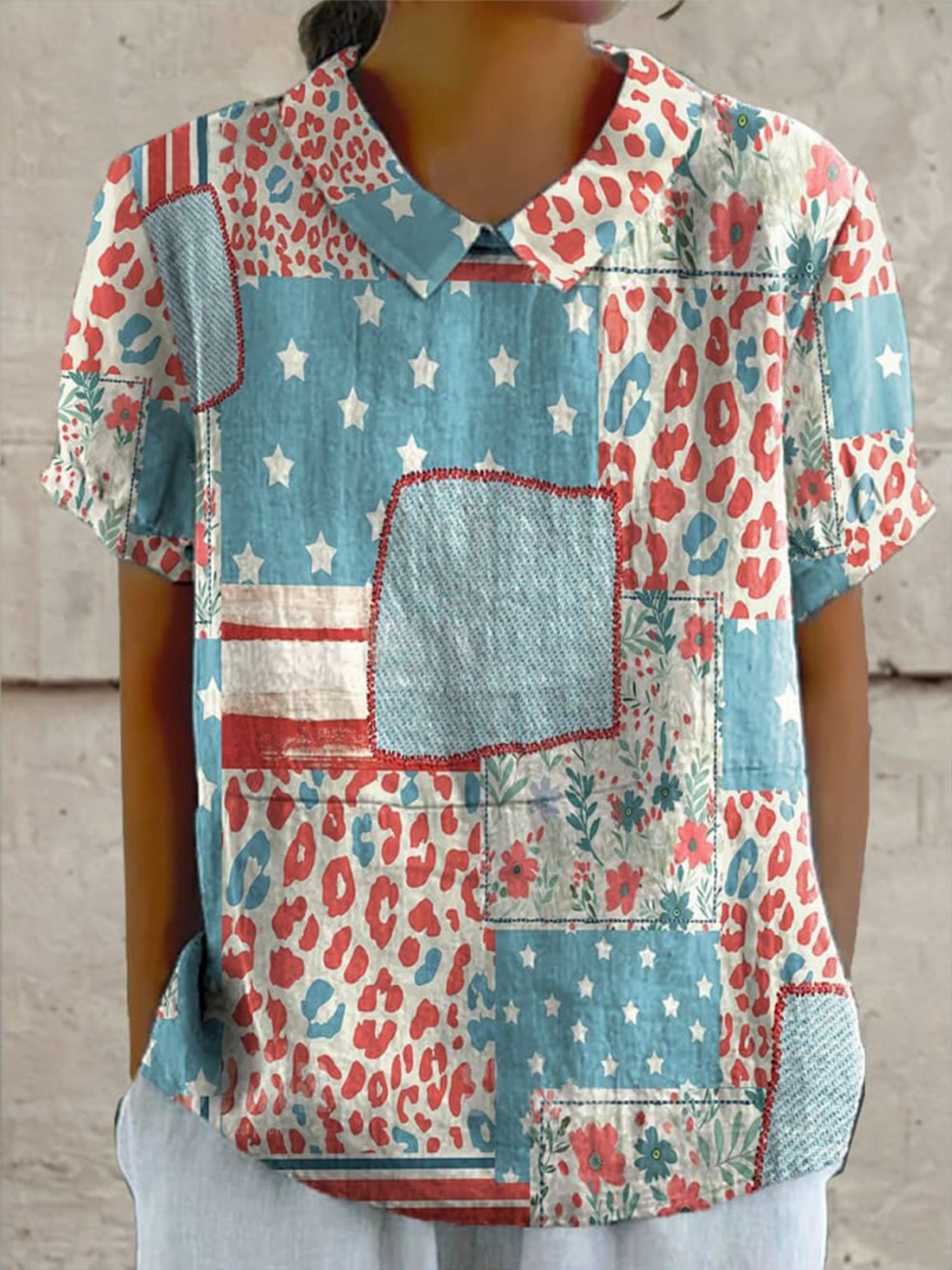 Women's 4th July Independence Day Red White and Blue Patriotic Floral Print Casual Cotton And Linen Shirt