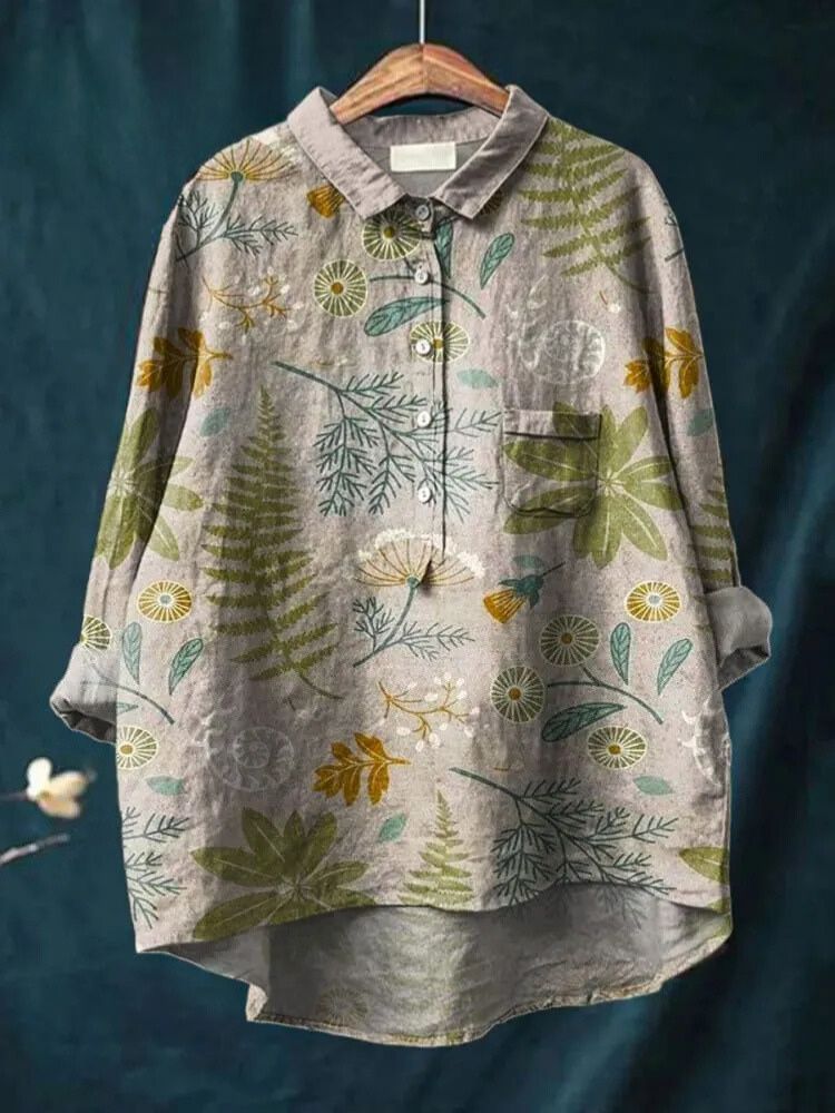 Women's Vintage Floral Art Print Casual Cotton And Linen Shirt