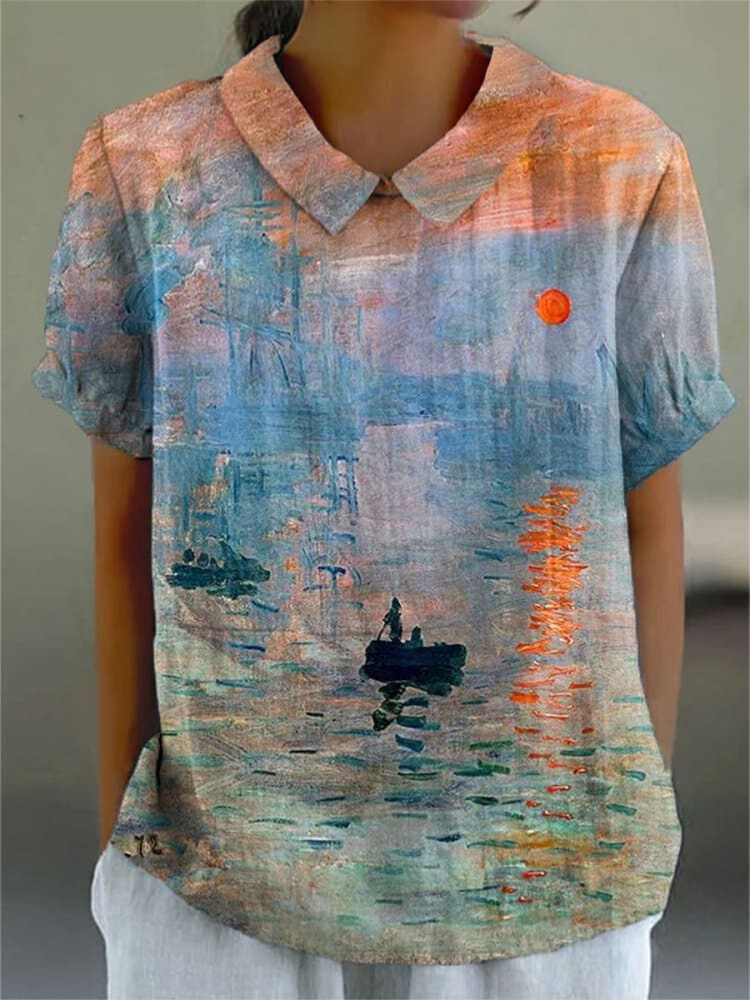 Women's Oil Painting Art Print Casual Cotton And Linen Shirt