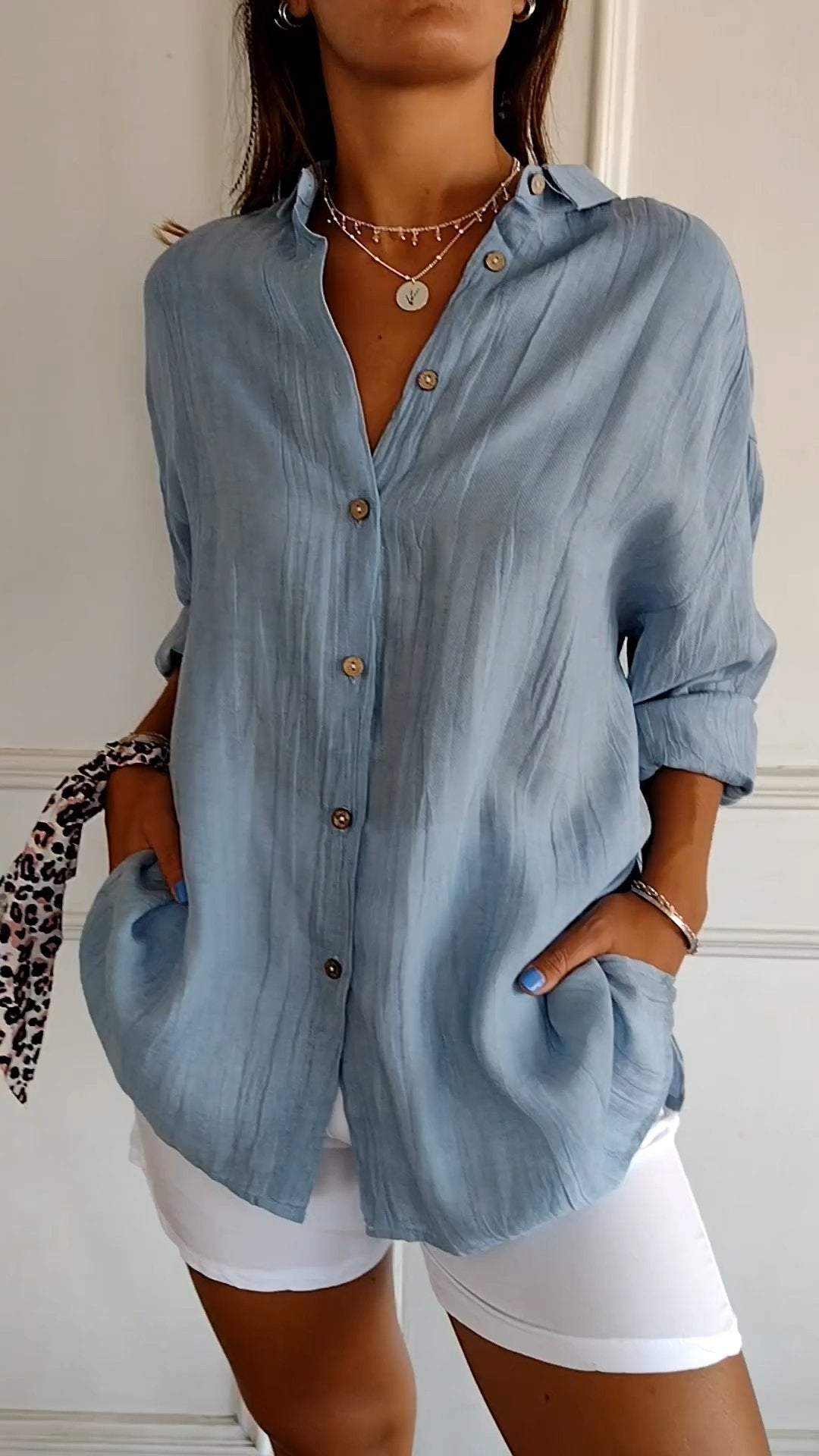 Women Cotton Single-breasted Pleated Lapel Shirt