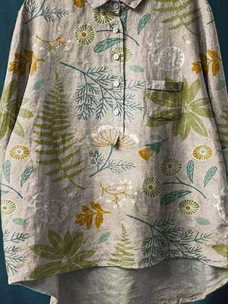 Women's Vintage Floral Art Print Casual Cotton And Linen Shirt