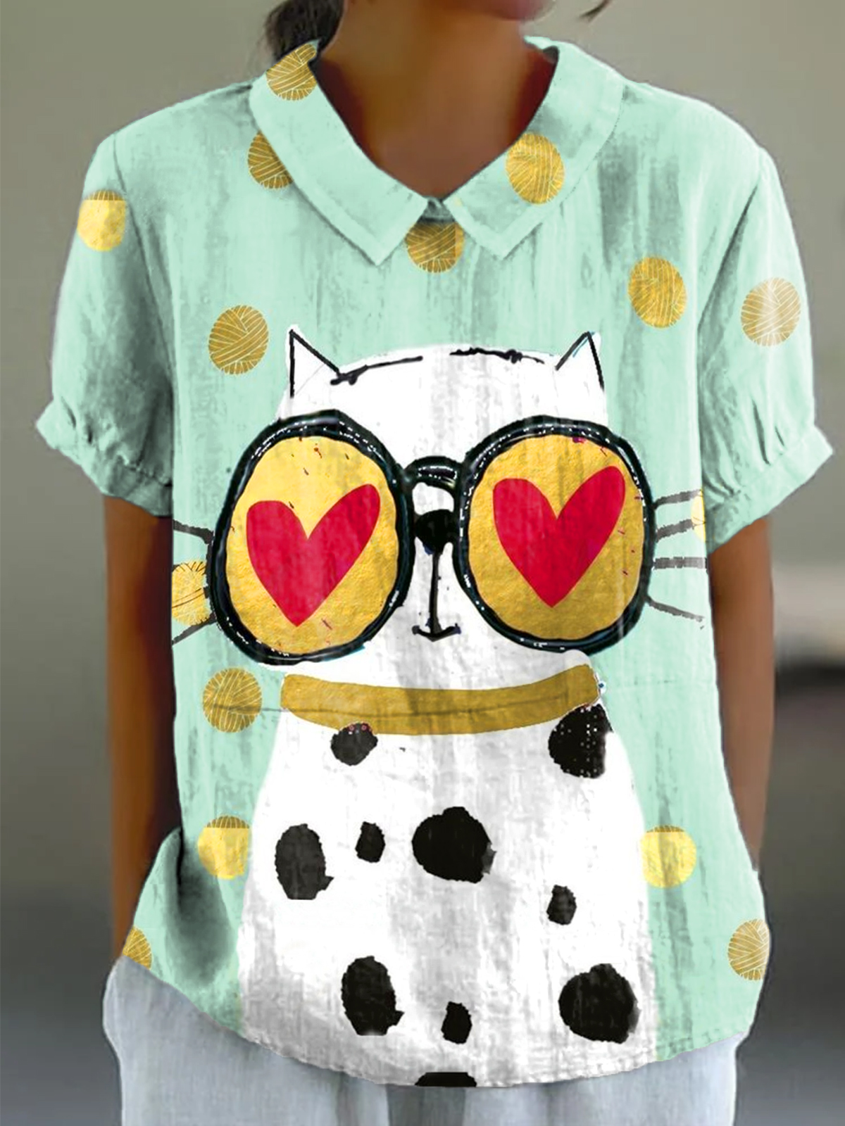 Women's Cat Print Casual Cotton And Linen Short Sleeve Shirt
