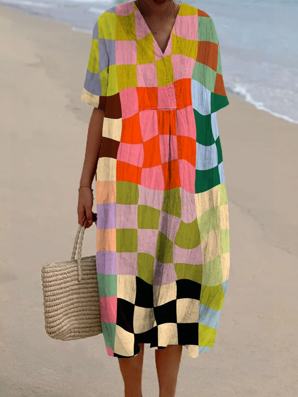 Women's Colorful Geometric Grid Print Casual Cotton And Linen Dress