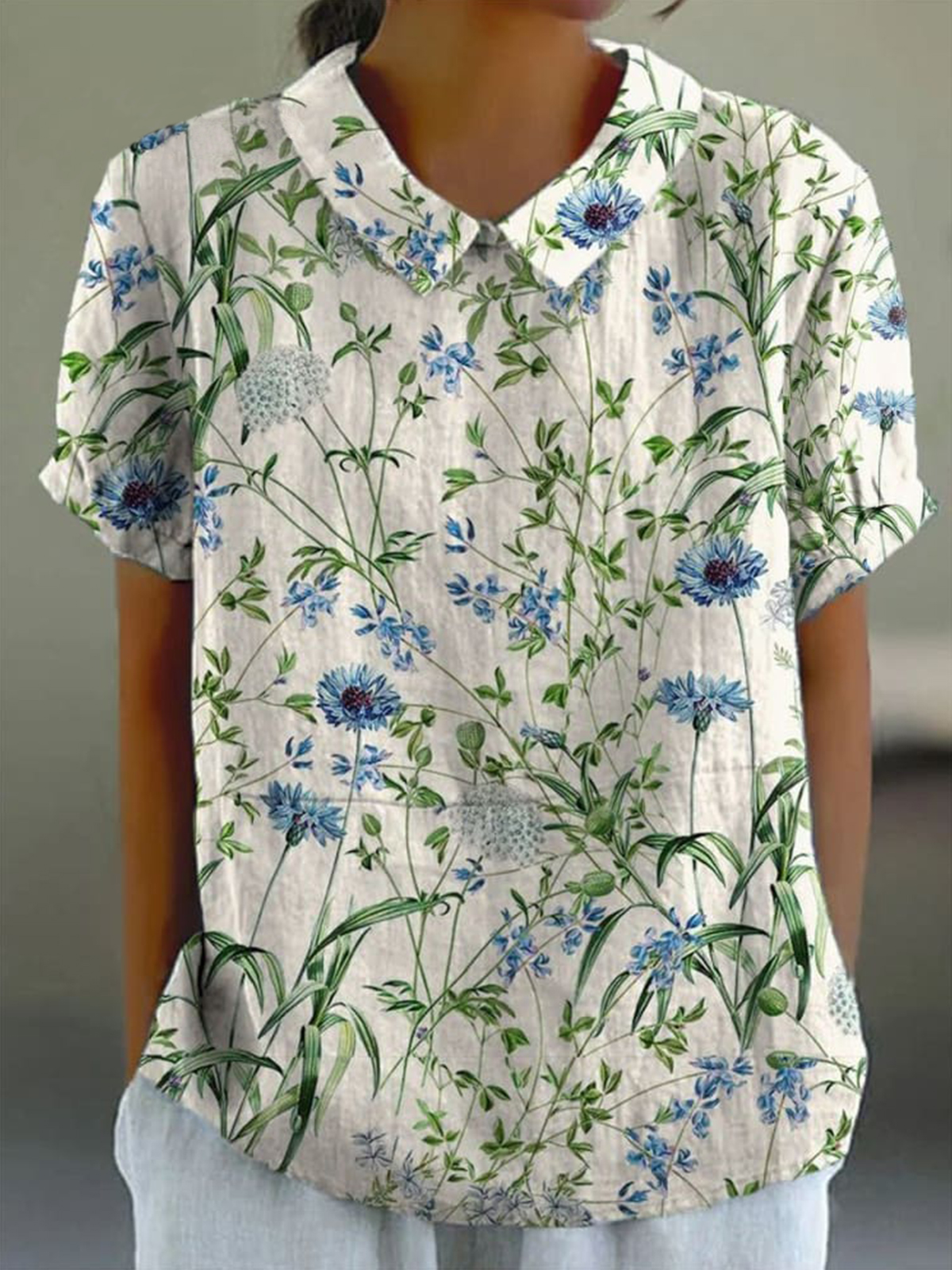 Women's Blue Floral Print Casual Cotton And Linen Shirt