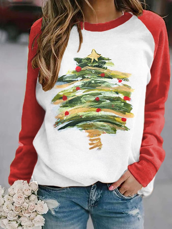 Women's Watercolor Christmas Tree Print Casual Sweatshirt