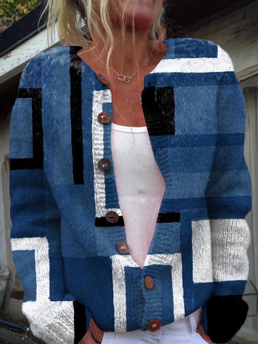 Cowboy Blue Square Geometry Art Print Buttoned Cardigan Sweater