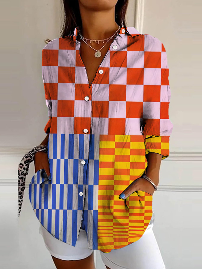 Women's Retro Colorblock Print Lapel Shirt