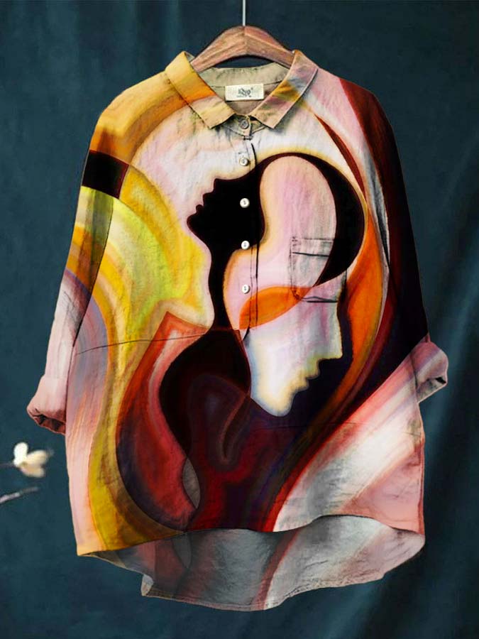 Women's Retro Abstract Colorblock Art Print Casual Cotton And Linen Shirt