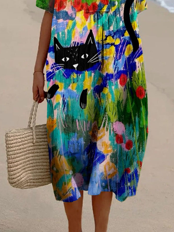 Women's Oil Painting Flower Cat Print Casual Cotton And Linen Dress