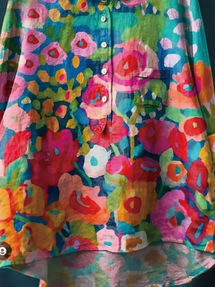 Women's Flower Print Casual Cotton And Linen Shirt