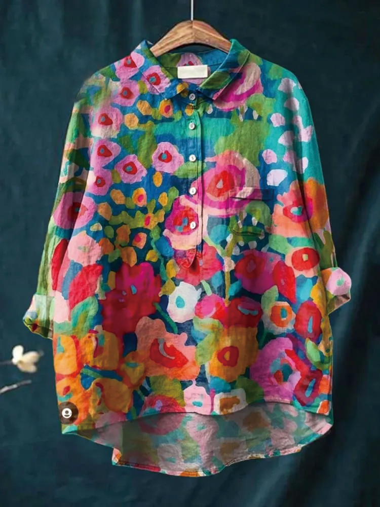 Women's Flower Print Casual Cotton And Linen Shirt