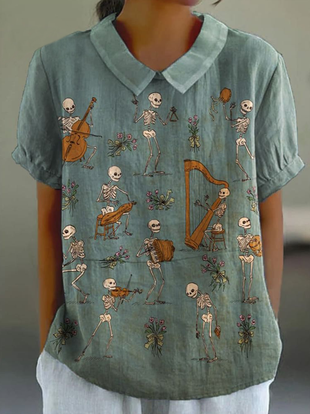 Women's  Retro Skull Music Flower Art Print Casual Cotton And Linen Shirt