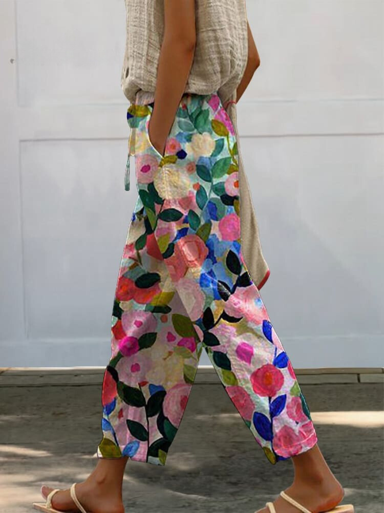 Colorful Spring Floral Garden Printed Women's 100% Cotton Casual Pants