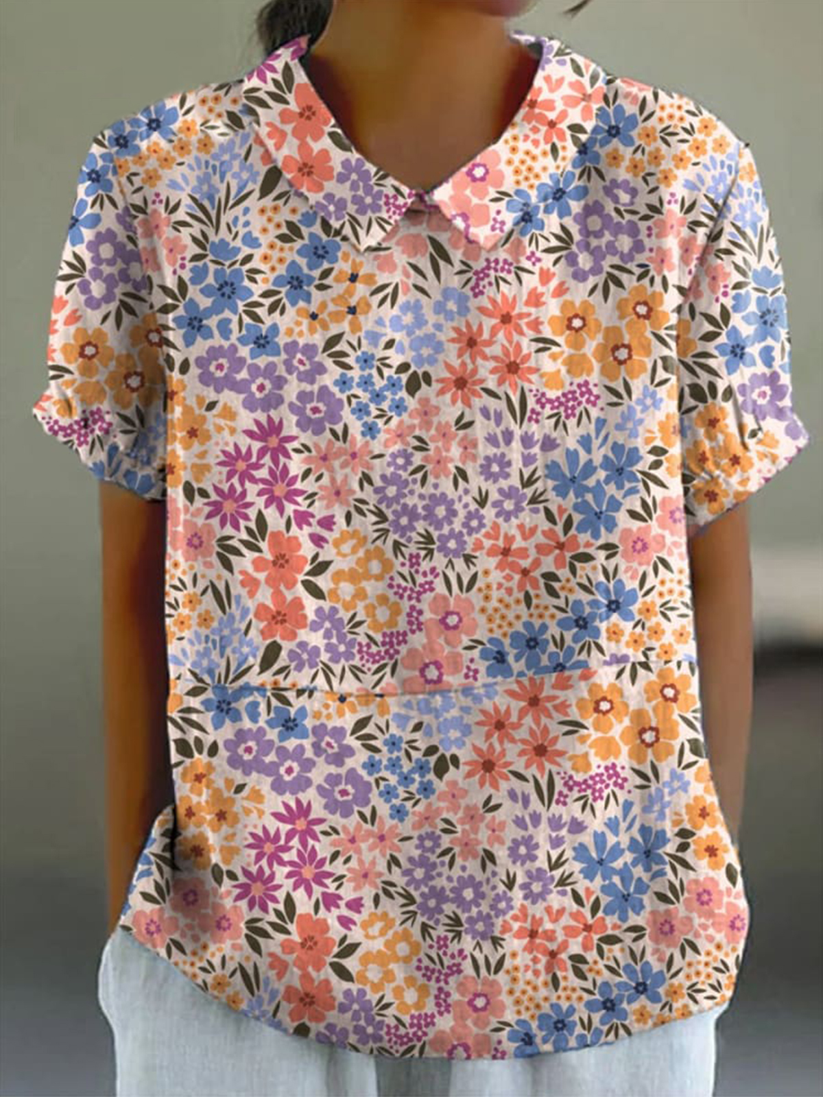 Women's Colorful Japanese Floral Print Casual Cotton And Linen Shirt
