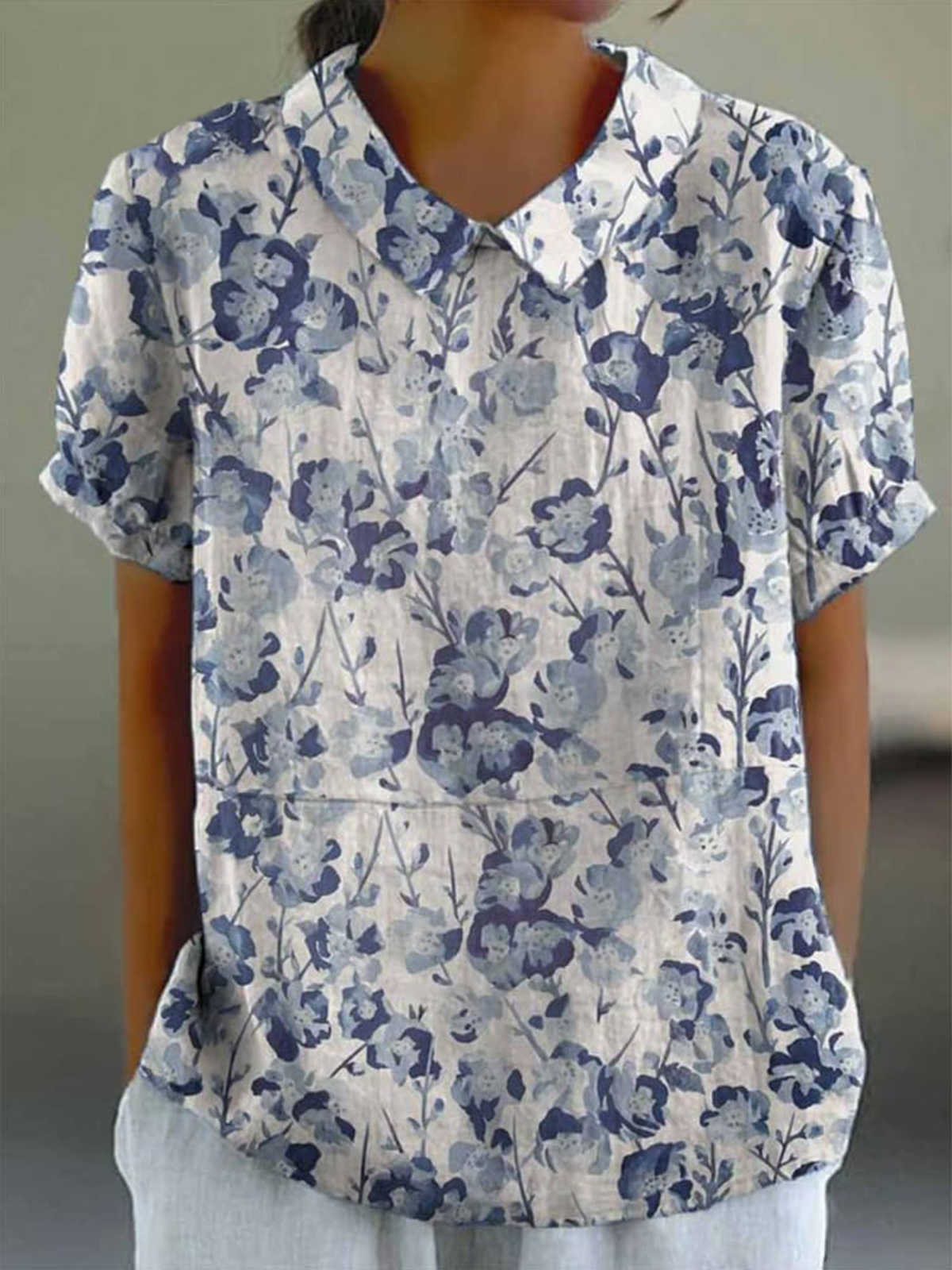 Women's Blue Floral Print Casual Cotton And Linen Shirt