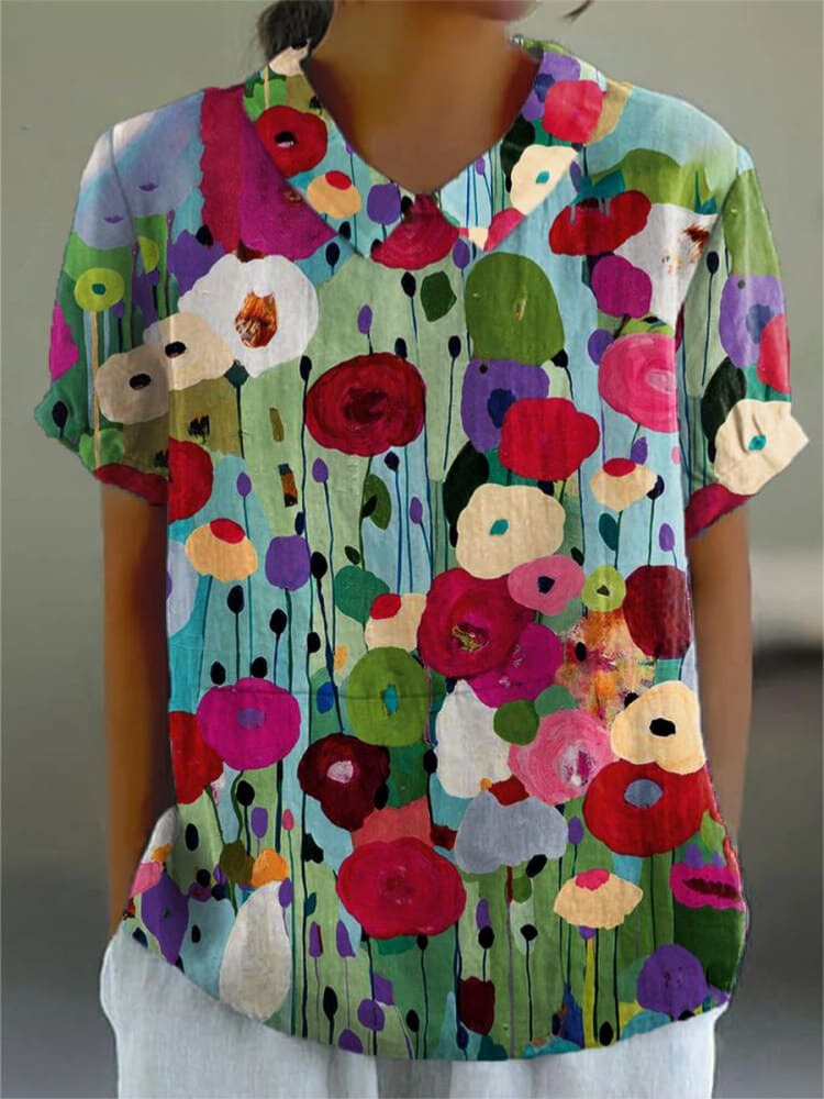 Women's Floral Art Print Casual Cotton And Linen Shirt