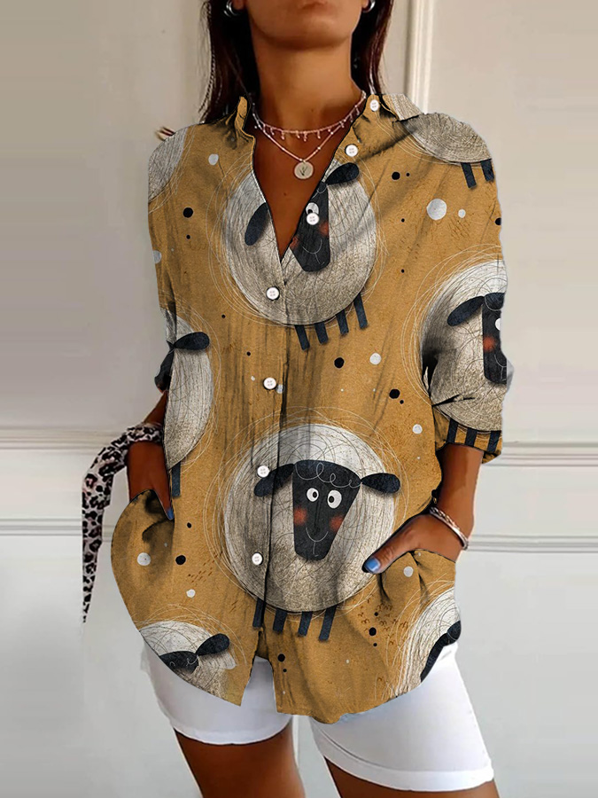 Women's Cartoon Sheep Print Lapel Shirt