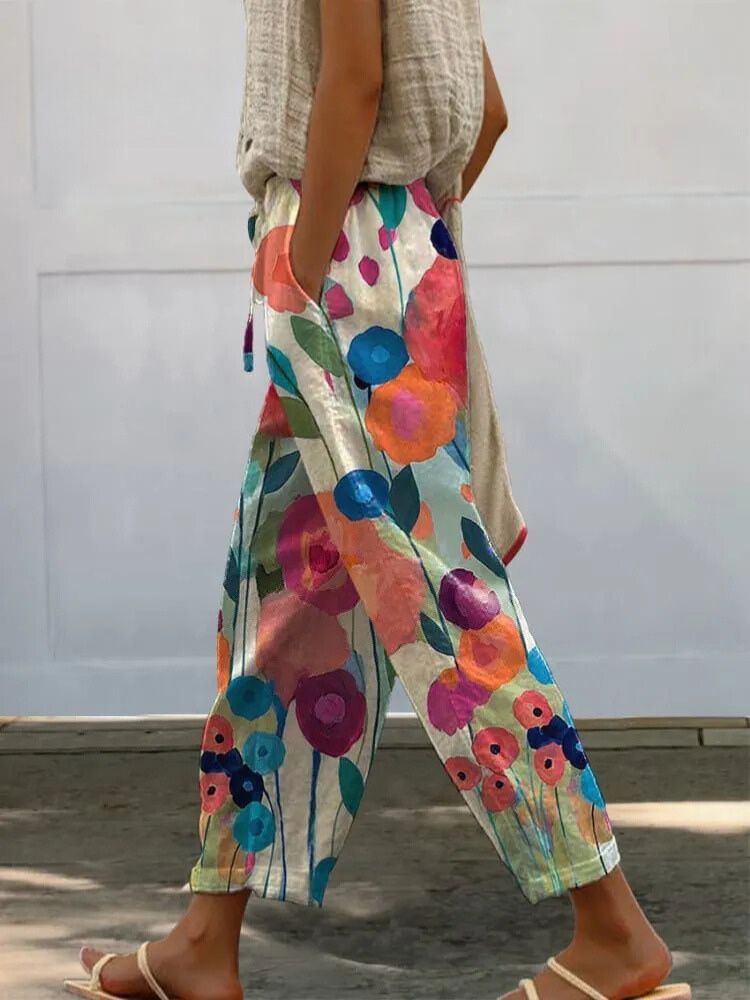 Oil Painting Summer Floral Art Printed Women's 100%Cotton Casual Pants